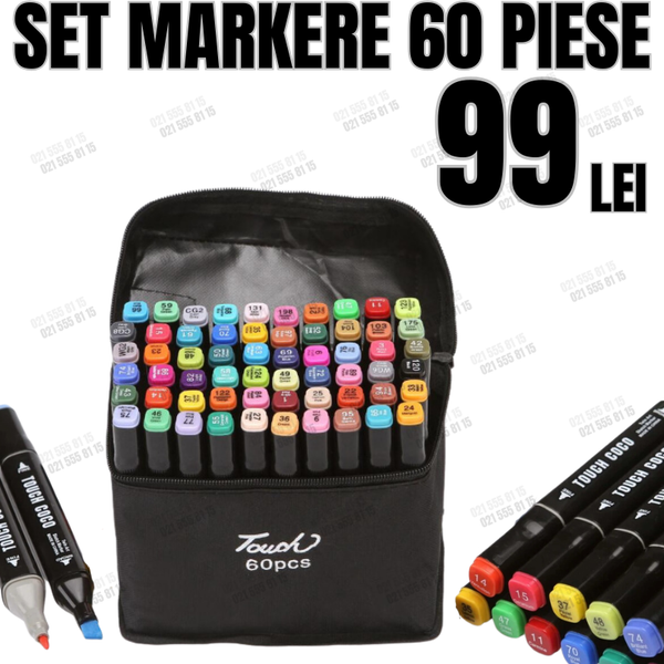 Set 60 de markere cu 2 capete, subtire si gros