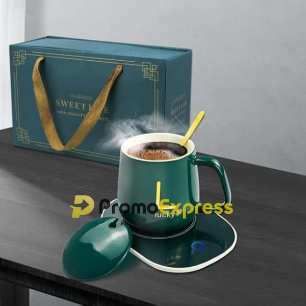 Cana ceramica Inteligenta Lucky pentru Incalzire Automata a Bauturilor, Cafea, Lapte, Ceai, 55°C, cu Capac si Lingurita, Verde Regal, 350 ml