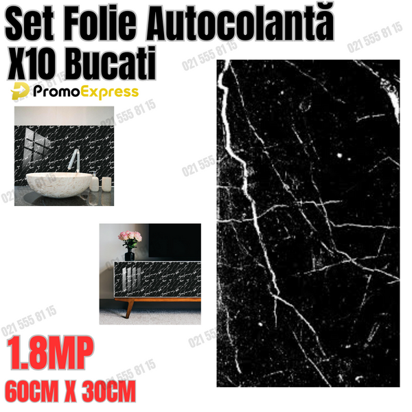 Set Folie Autocolantă Vin, Marmură Elegantă – 10 Buc, Dimensiune 60x30 cm NEGRU/ALB