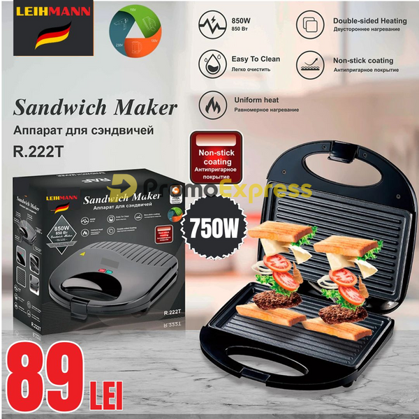 Sandwich maker, Putere 750 W, Invelis anti-aderent