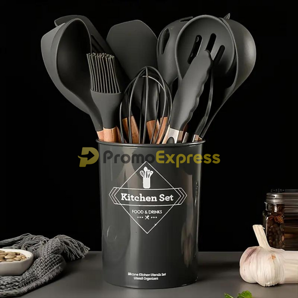 Set ustensile bucatarie 12 piese Lemn si Silicon alimentar Termorezistente Antiaderente Suport Blat negru