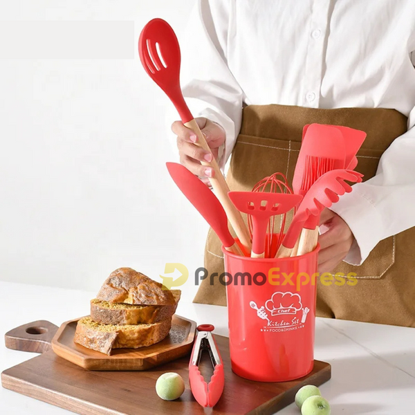 Set ustensile bucatarie 12 piese Lemn si Silicon alimentar Termorezistente Antiaderente Suport Blat Rosu