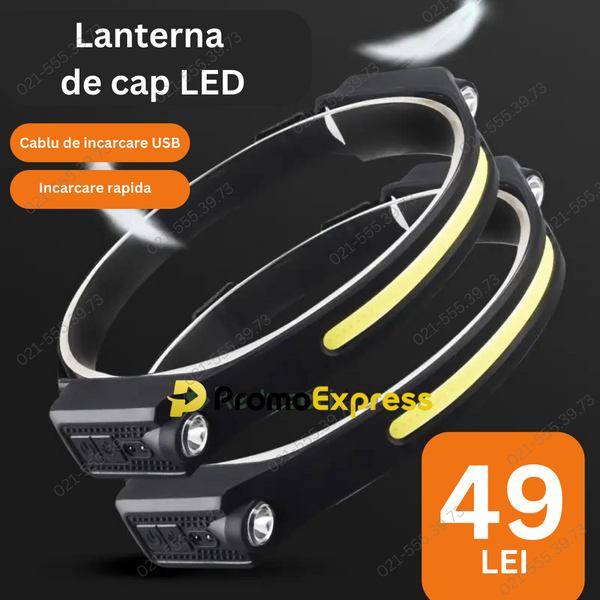 Lanterna de cap LED, profesionala, acumulator, senzor miscare si lumina laterala