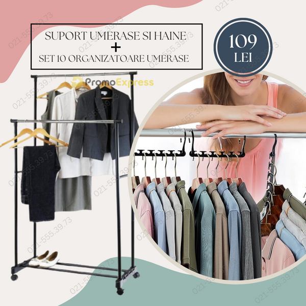 Pachet! Suport umerase si haine + Set 10 organizatoare umerase